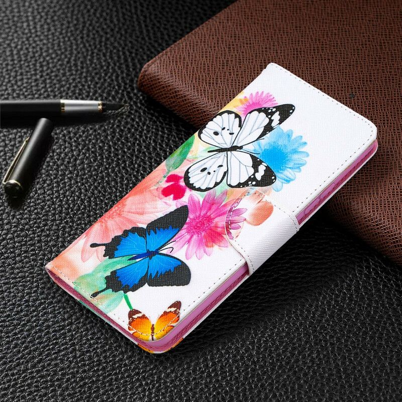 Kožené Puzdro Samsung Galaxy A42 5G Maľované Motýle A Kvety