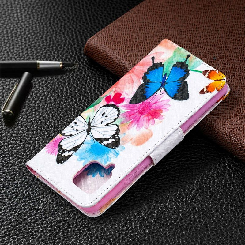 Kožené Puzdro Samsung Galaxy A42 5G Maľované Motýle A Kvety