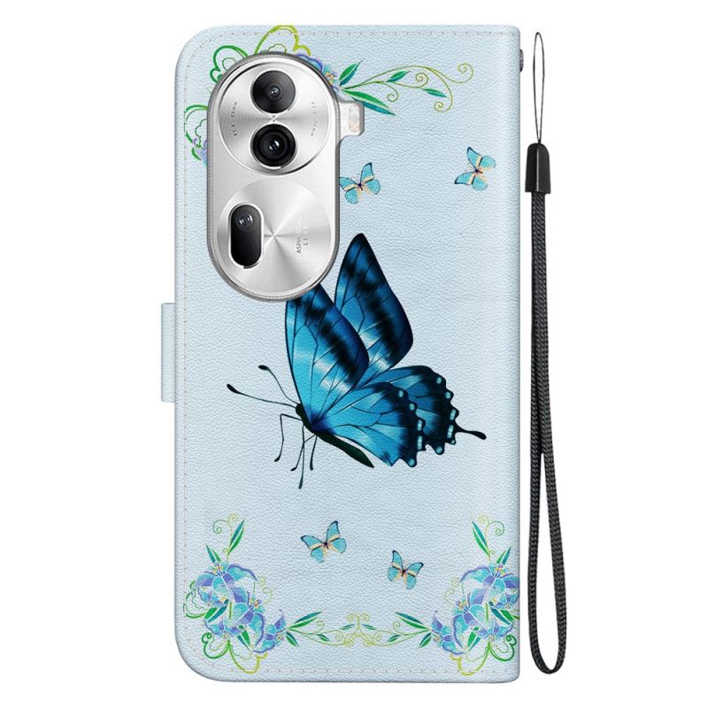 Kožené Puzdro Oppo Reno 11 Pro 5g Kryt Na Mobil Modrý Motýľ A Kvety S Remienkom