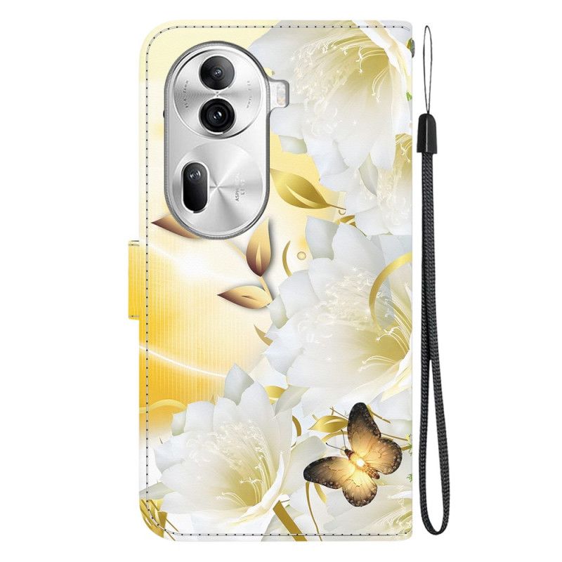 Kožené Puzdro Oppo Reno 11 Pro 5g Kryt Na Mobil Zlaté Motýle A Kvety