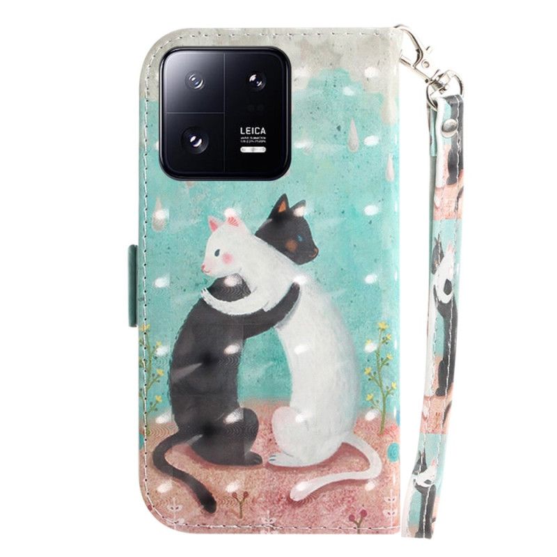 Kožené Puzdro Xiaomi 13 Pro Čierna Mačka Biela Mačka S Popruhom