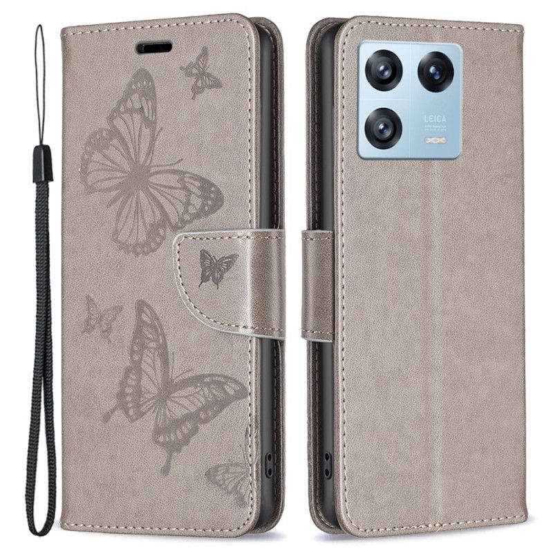 Kožené Puzdro Xiaomi 13 Pro Popruh S Potlačou Motýľov
