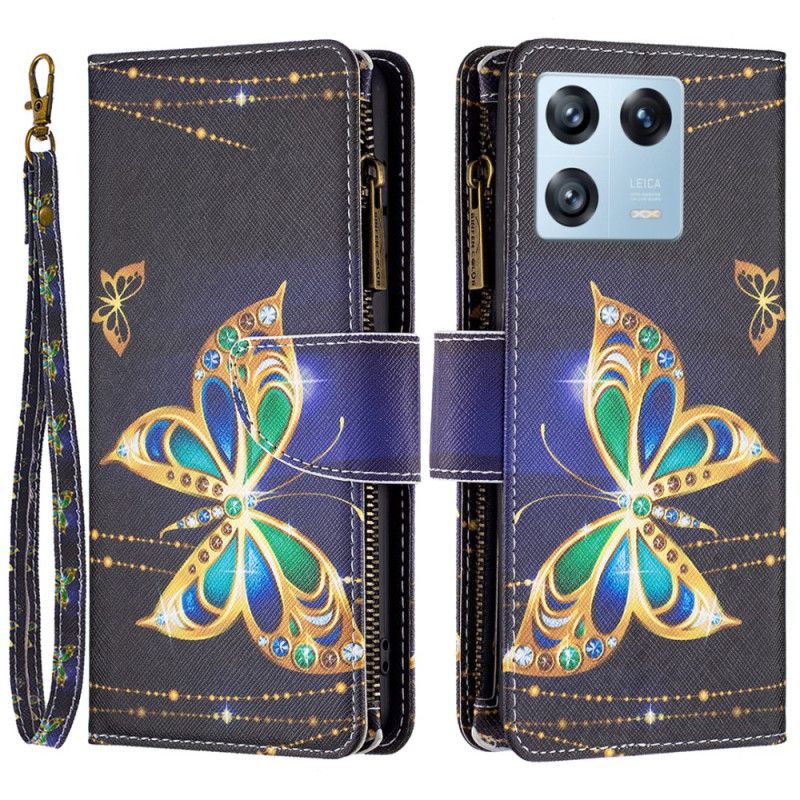 Kožené Puzdro Xiaomi 13 Pro Vrecko Na Zips Na Motýle