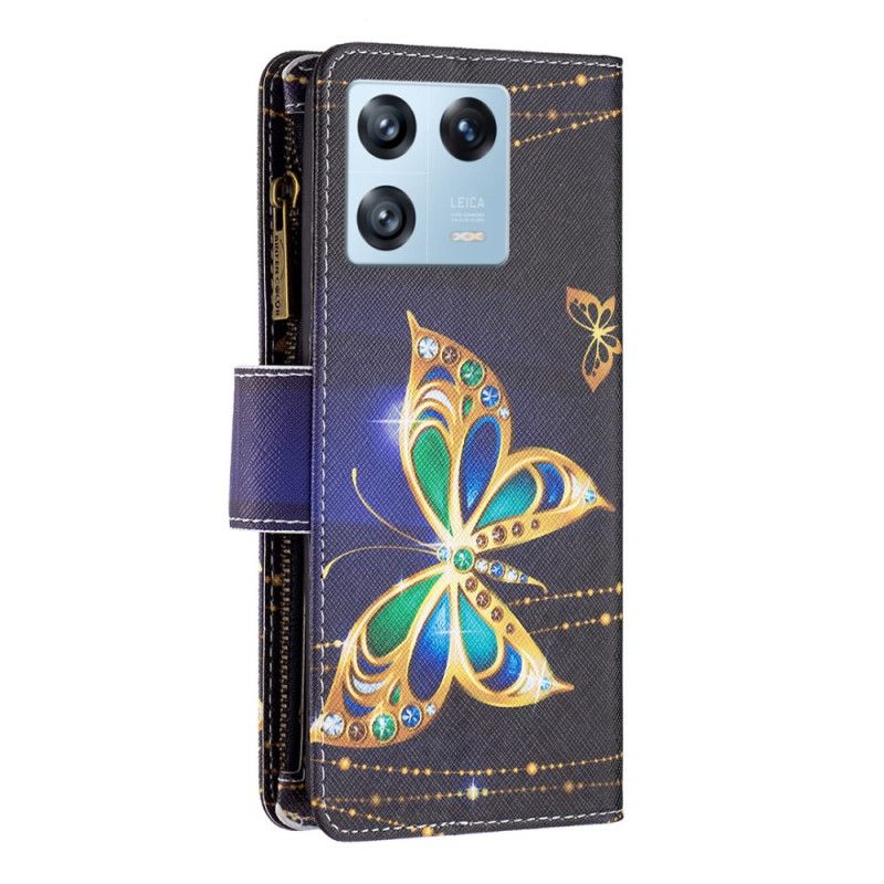 Kožené Puzdro Xiaomi 13 Pro Vrecko Na Zips Na Motýle