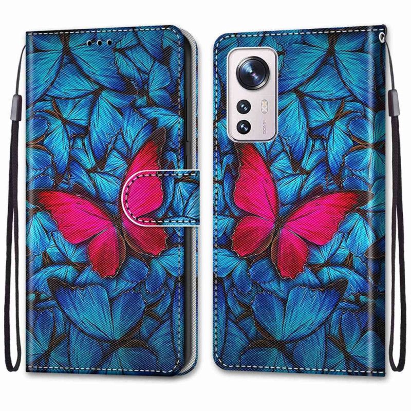 Kožené Puzdro Xiaomi 12 / 12X Červený Motýľ S Remienkom