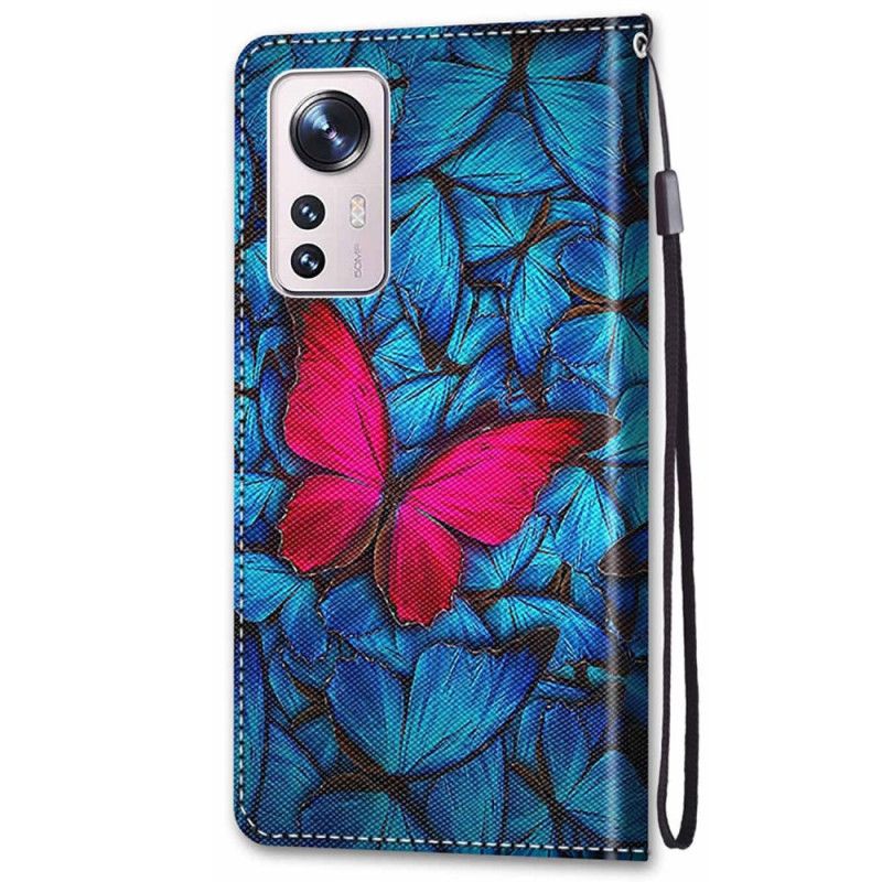 Kožené Puzdro Xiaomi 12 / 12X Červený Motýľ S Remienkom