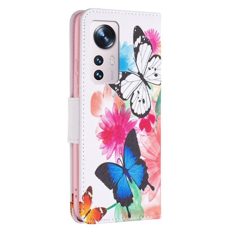 Kožené Puzdro Xiaomi 12 / 12X Maľované Motýle A Kvety