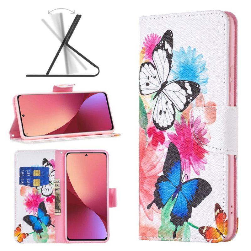 Kožené Puzdro Xiaomi 12 / 12X Maľované Motýle A Kvety