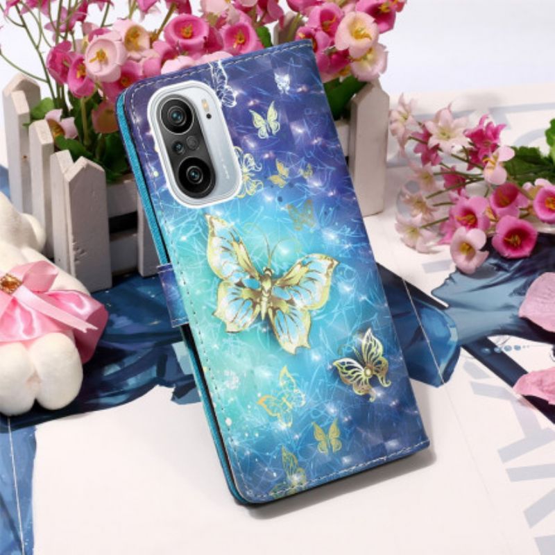 Kožené Puzdro Xiaomi Mi 11i 5G Zlaté Motýle