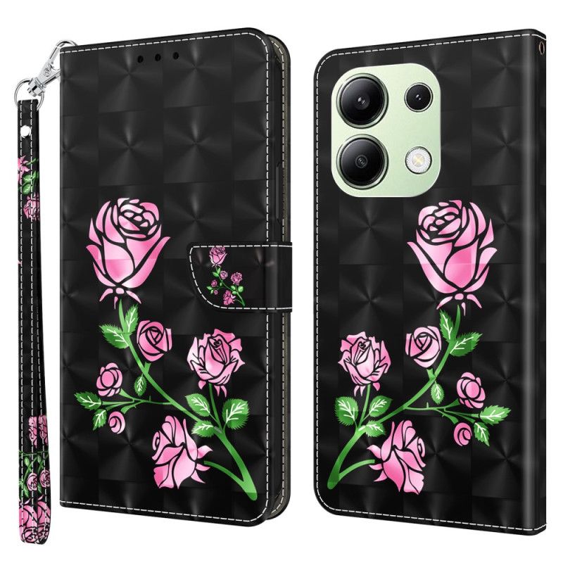 Kožené Puzdro Xiaomi Redmi Note 13 4g Kryt Na Mobil Ružové Kvety S Remienkom