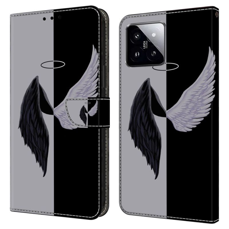 Kožené Puzdro Xiaomi 14 Kryt Na Mobil Čierne A Biele Krídla