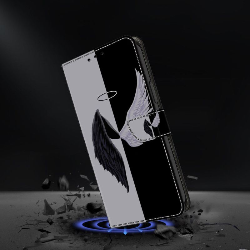 Kožené Puzdro Xiaomi 14 Kryt Na Mobil Čierne A Biele Krídla