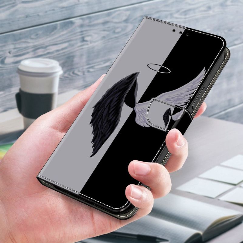 Kožené Puzdro Xiaomi 14 Kryt Na Mobil Čierne A Biele Krídla