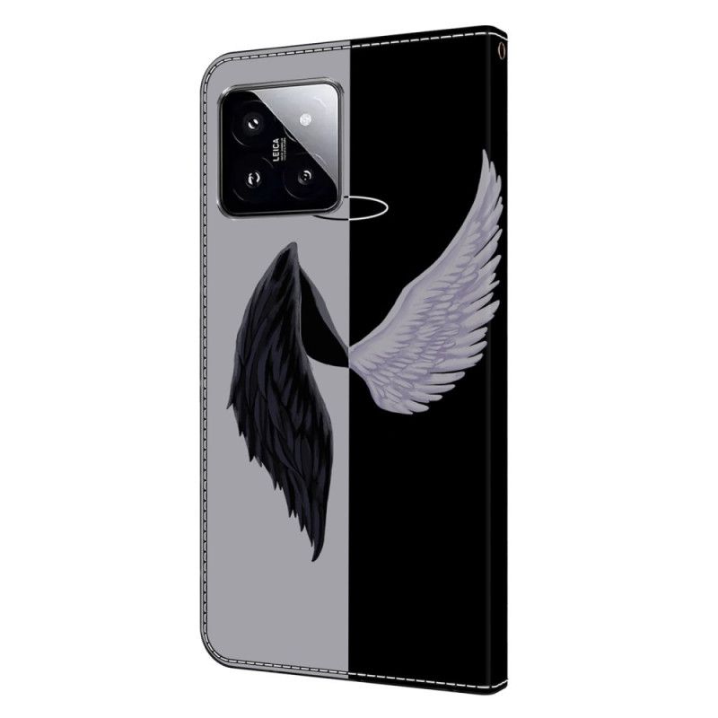 Kožené Puzdro Xiaomi 14 Kryt Na Mobil Čierne A Biele Krídla