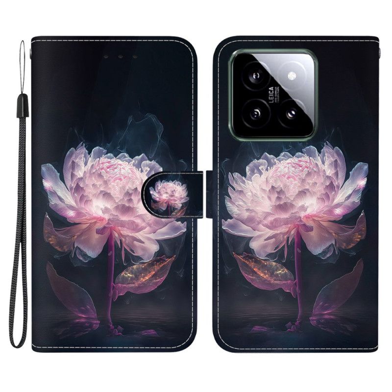Kožené Puzdro Xiaomi 14 Kryt Na Mobil Fialová Pivónia S Remienkom