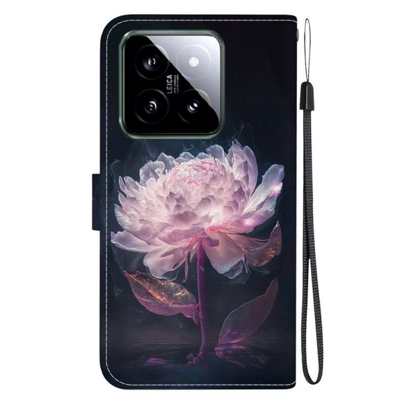 Kožené Puzdro Xiaomi 14 Kryt Na Mobil Fialová Pivónia S Remienkom