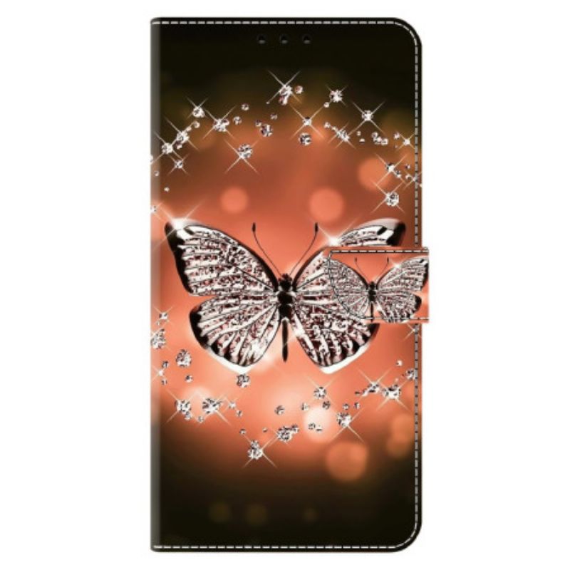 Kožené Puzdro Xiaomi 14 Kryt Na Mobil Krištáľové Motýle