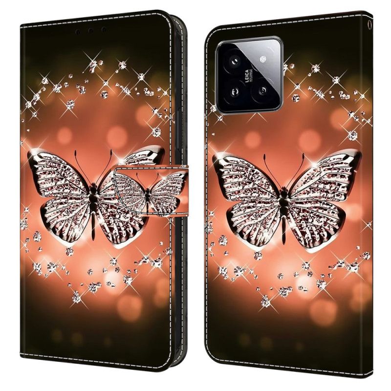 Kožené Puzdro Xiaomi 14 Kryt Na Mobil Krištáľové Motýle