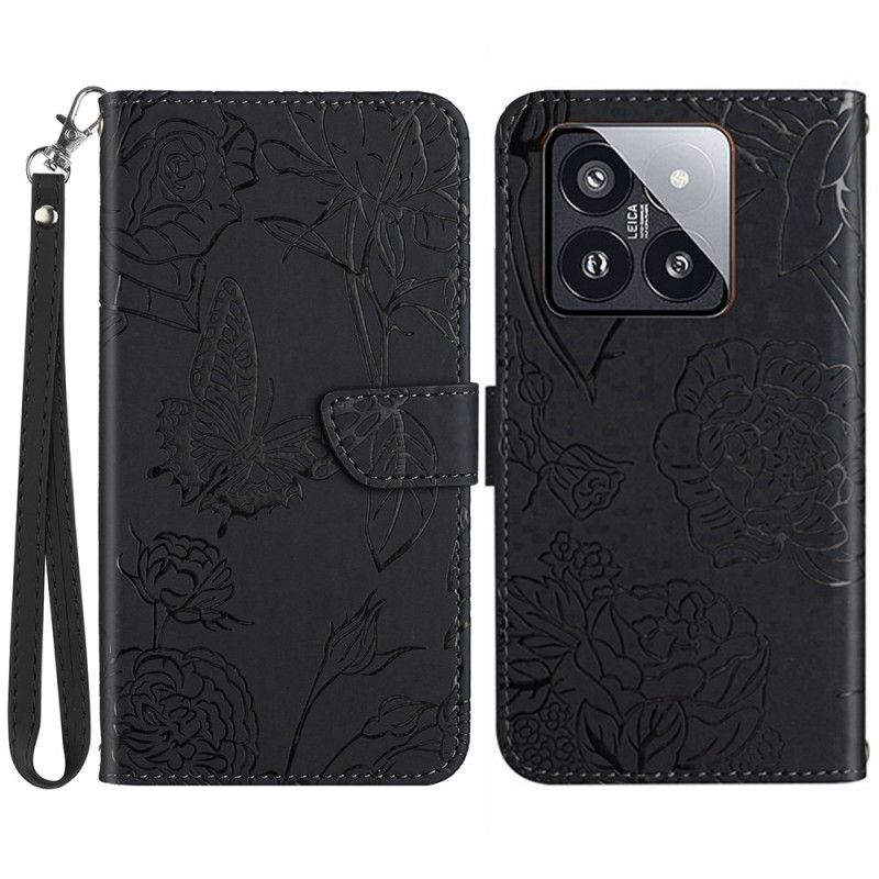 Kožené Puzdro Xiaomi 14 Kryt Na Mobil Tlač Motýľov S Remienkom