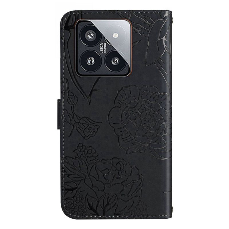 Kožené Puzdro Xiaomi 14 Kryt Na Mobil Tlač Motýľov S Remienkom