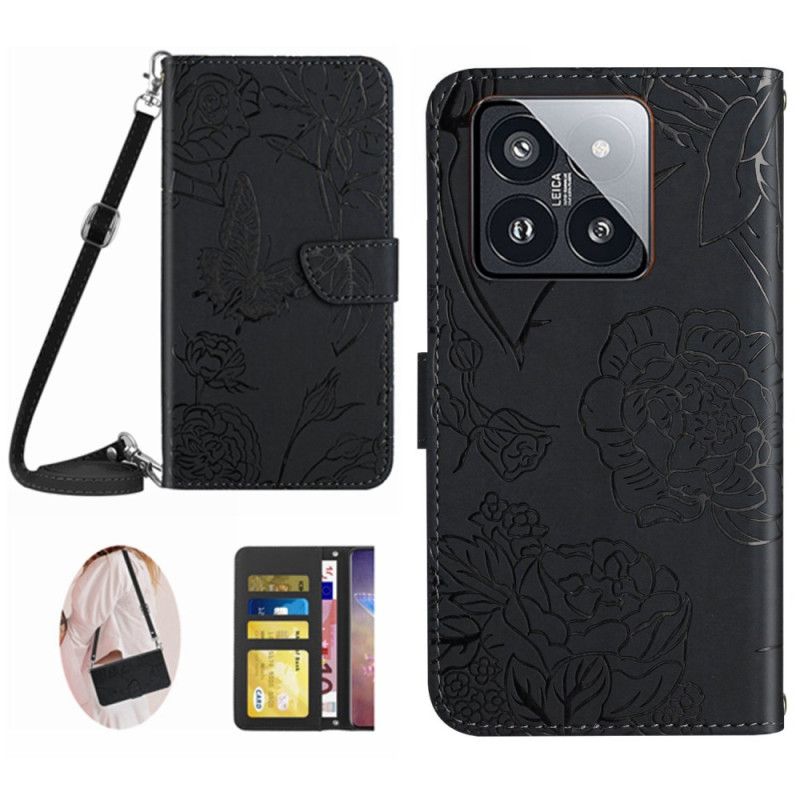 Puzdro Xiaomi 14 Tlač Motýľov S Popruhom Cez Rameno