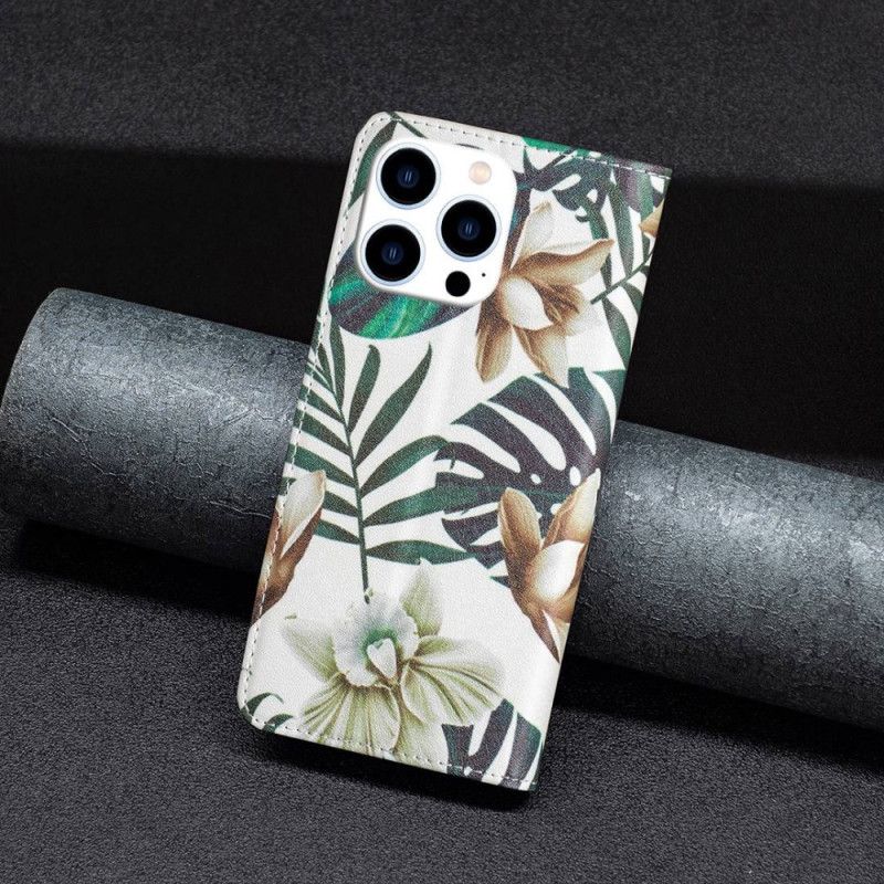 Flipové Puzdro iPhone 14 Pro Kožené Puzdro Listy