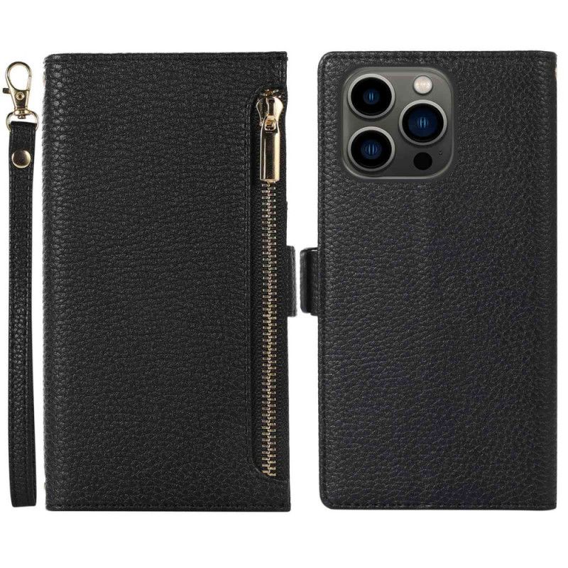 Flipové Puzdro iPhone 14 Pro Kožené Puzdro Predné Vrecko A Šnúrka