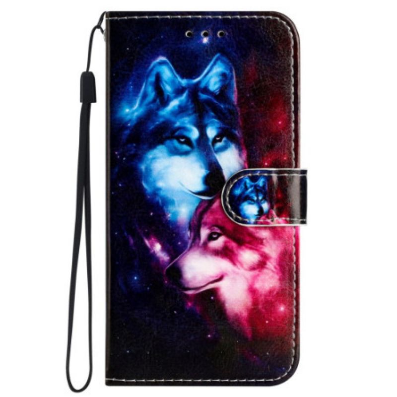 Kožené Puzdro iPhone 16 Pro Kryt Na Mobil Lanyard Wolves