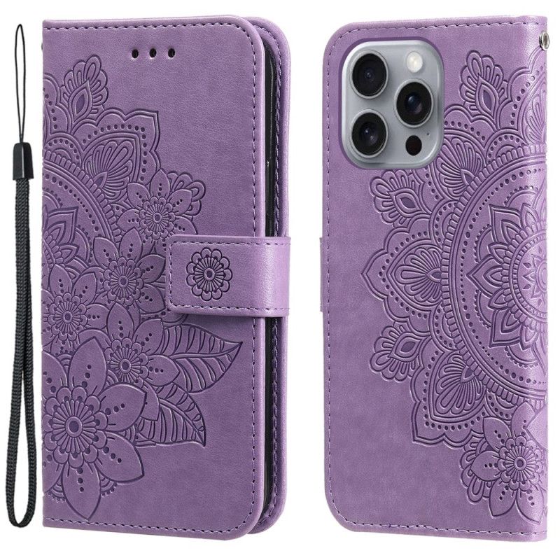 Kožené Puzdro iPhone 16 Pro Kryt Na Mobil Potlač Mandaly S Remienkom