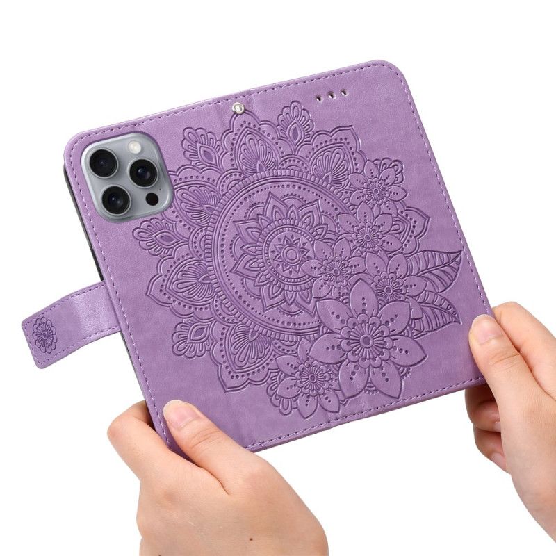 Kožené Puzdro iPhone 16 Pro Kryt Na Mobil Potlač Mandaly S Remienkom
