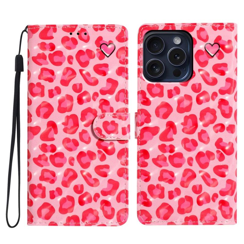 Kožené Puzdro iPhone 16 Pro Kryt Na Mobil Ružový Leopardí Remienok