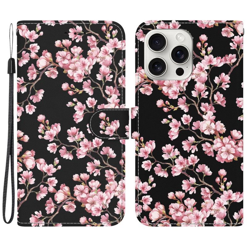 Kožené Puzdro iPhone 16 Pro Kryt Na Mobil Zviazané Slivkové Kvety