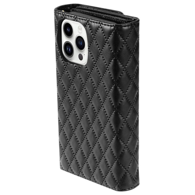 Puzdro Na iPhone 16 Pro Prešívaná Peňaženka S Popruhom A Popruhom Cez Rameno
