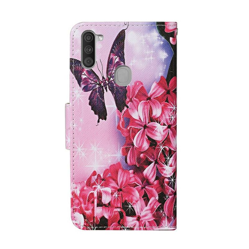 Kožené Puzdro Samsung Galaxy M11 Motýlie Kvetinová Šnúrka