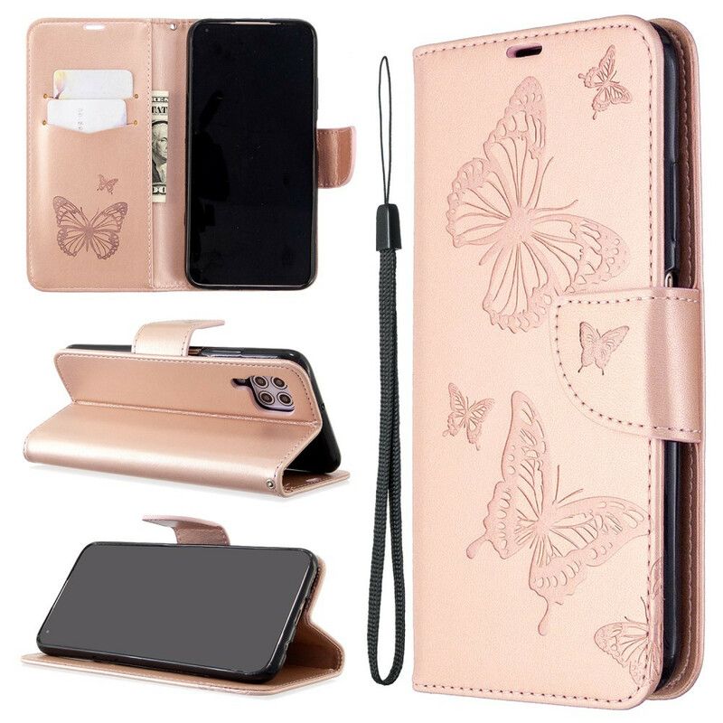 Kožené Puzdro Huawei P40 Lite Popruh S Potlačou Motýľov