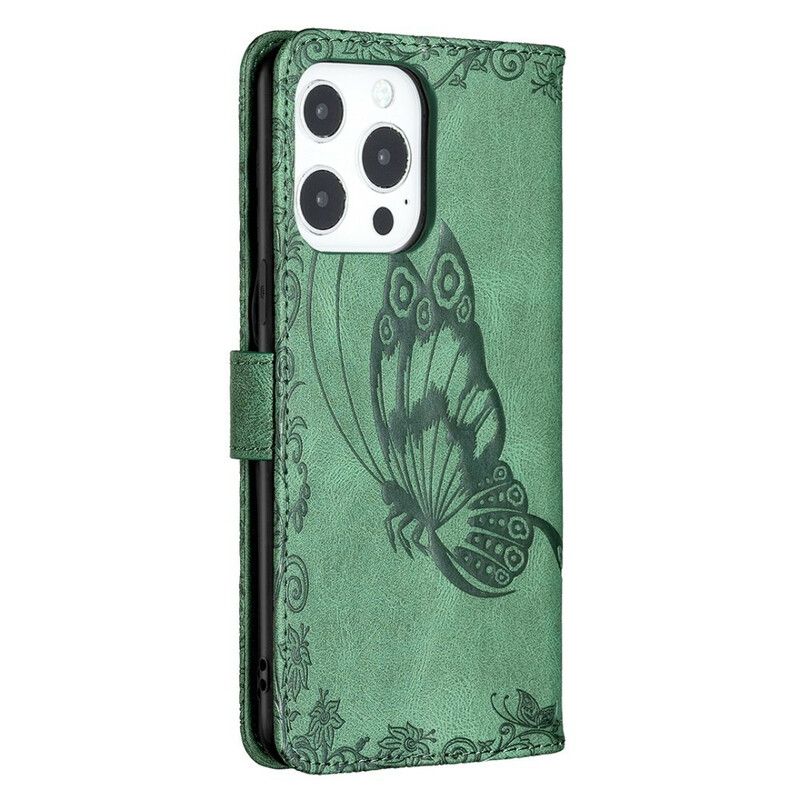 Kožené Puzdro iPhone 13 Pro Barokový Motýľ Strappy