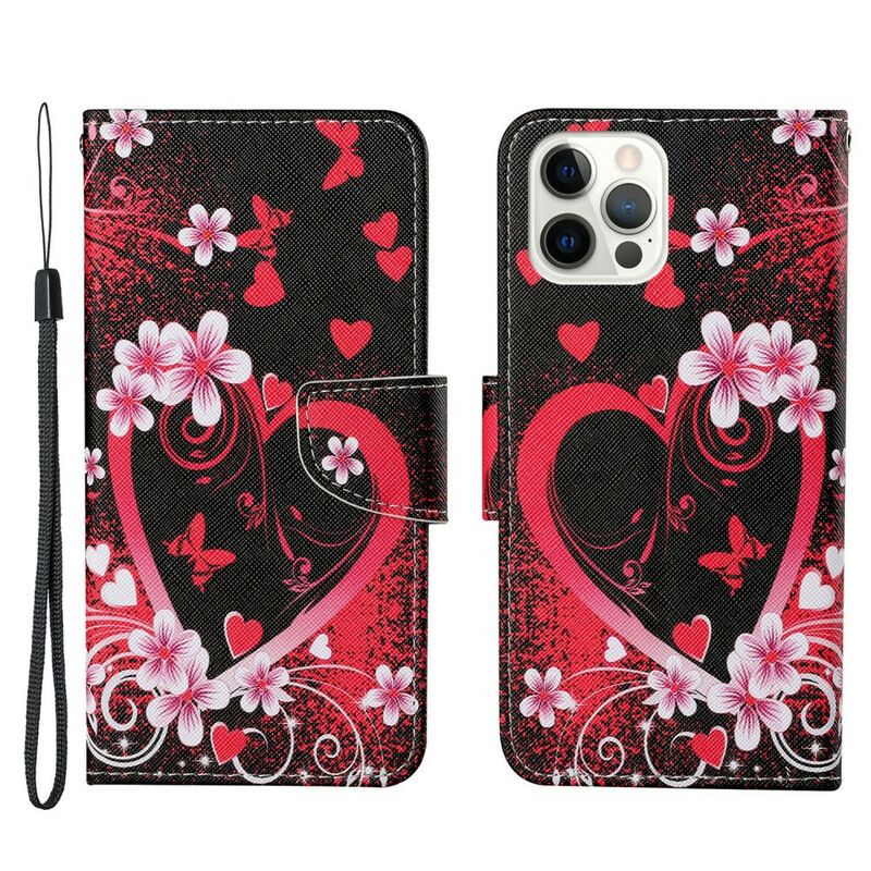 Kožené Puzdro iPhone 13 Pro Kvety A Srdcia So Šnúrkou