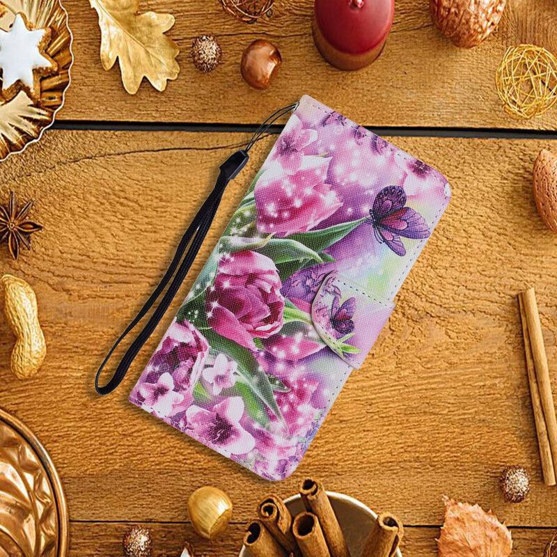 Kožené Puzdro iPhone 13 Pro Motýle A Tulipány
