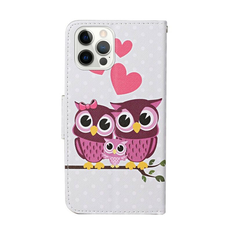 Kožené Puzdro iPhone 13 Pro Sova Rodinka So Šnúrkou