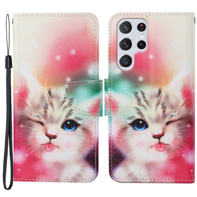 Kožené Puzdro Samsung Galaxy S22 Ultra 5G Kráľovská Mačka So Šnúrkou