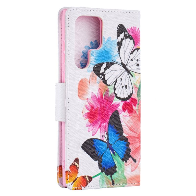 Kožené Puzdro Samsung Galaxy S22 Ultra 5G Maľované Motýle A Kvety