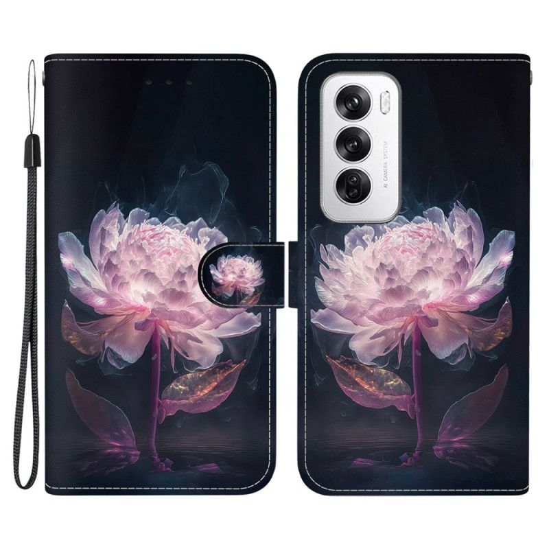 Kožené Puzdro Oppo Reno 12 5g Kryt Na Mobil Fialová Pivónia S Remienkom