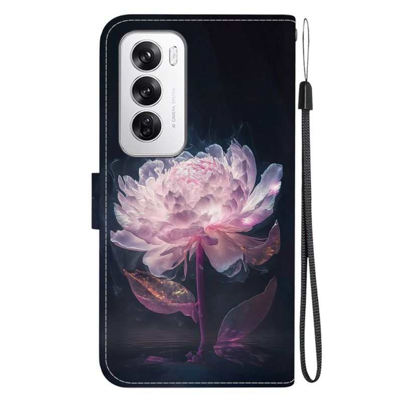 Kožené Puzdro Oppo Reno 12 5g Kryt Na Mobil Fialová Pivónia S Remienkom