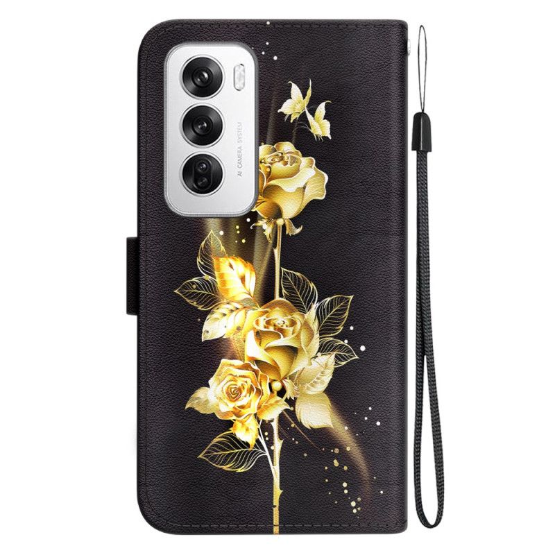 Puzdro Na Oppo Reno 12 5g Zlaté A Ružové Motýle S Remienkom